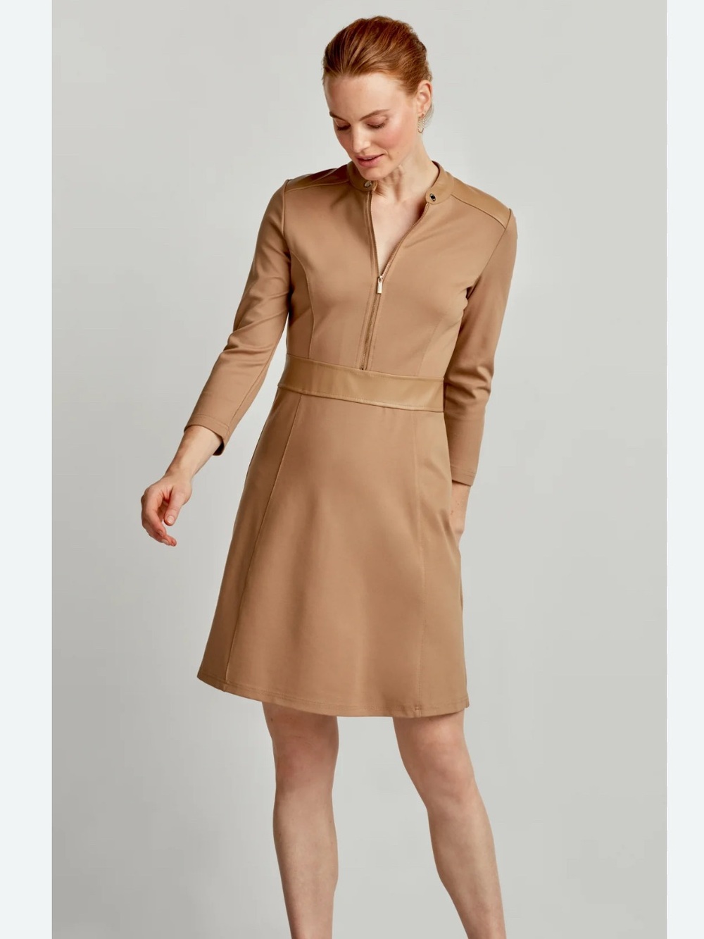Ellen Tracy Mixed Media Dress Size S Vegan Leather Accents Gold Hardware